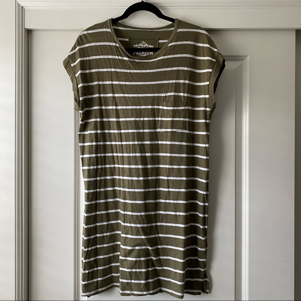 Green, white striped, t-shirt dress